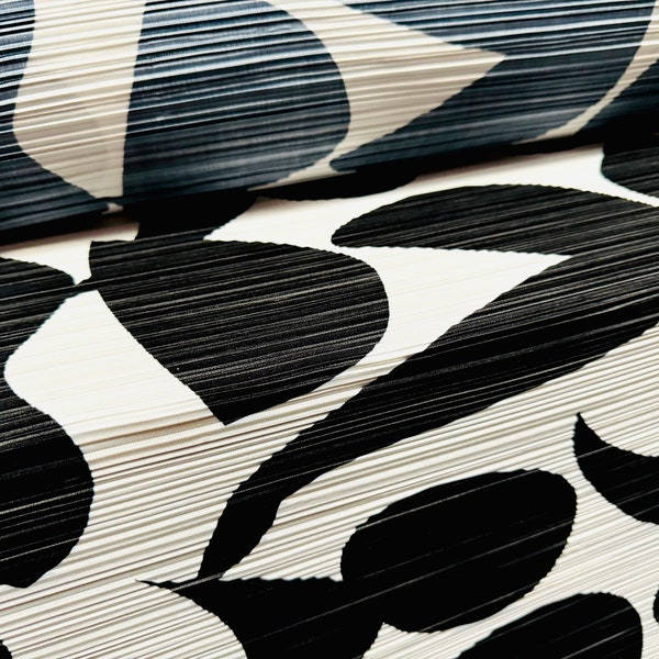 Plissé pleated stretch satin dress fabric, per metre - Boho shapes print - monochrome