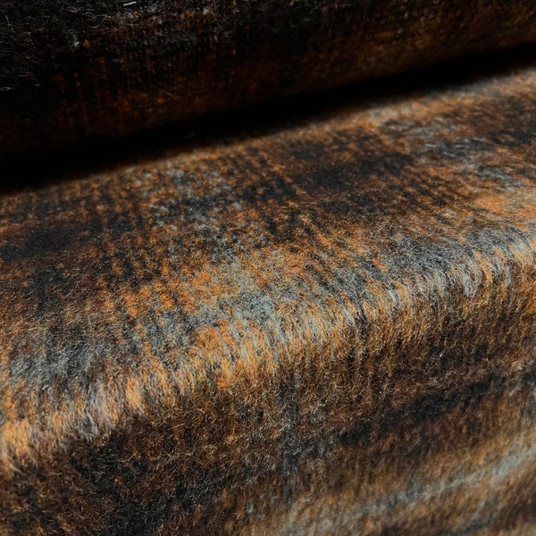 Wool blend short pile faux fur fabric, per metre - check plaid - brown & orange