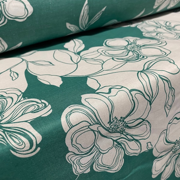 Printed cotton lawn woven dress fabric, per metre - green & white floral