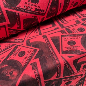 Scuba spandex neoprene style stretch jersey fabric, per metre - hundred dollar bill print - cerise
