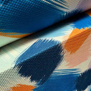 Honeycomb jacquard stretch double jersey fabric, per metre - abstract brushstroke print - blue turquoise orange