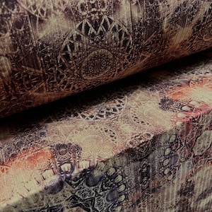 Stretch soandex rib stretch jersey fabric, per metre - kaleidoscope print - dusky pink & plum