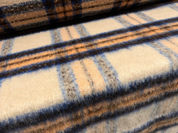 Wool Blend Short Pile Faux Fur Fabric, per Metre Plaid Cream & Blue 