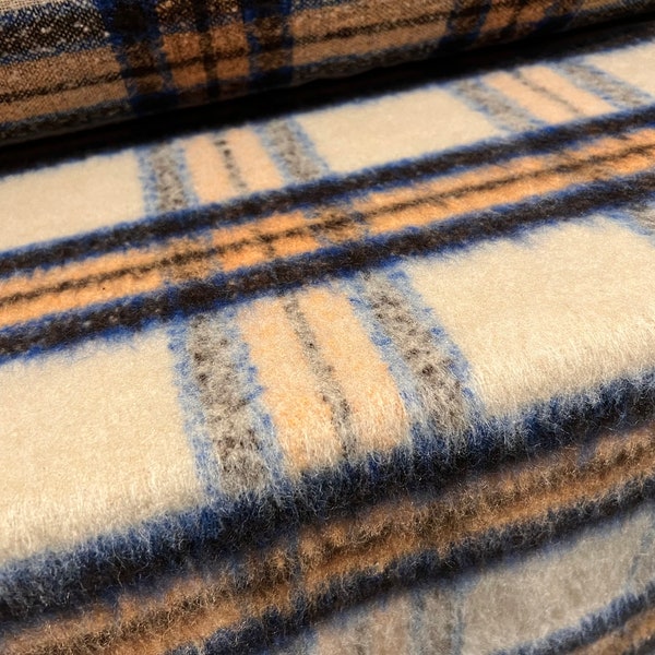 Wool blend short pile faux fur fabric, per metre - plaid - cream & blue