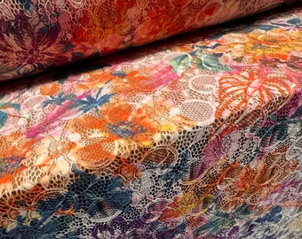 Stretch lace fabric with scalloped selvedge, per metre - exotic flower print - multicolour