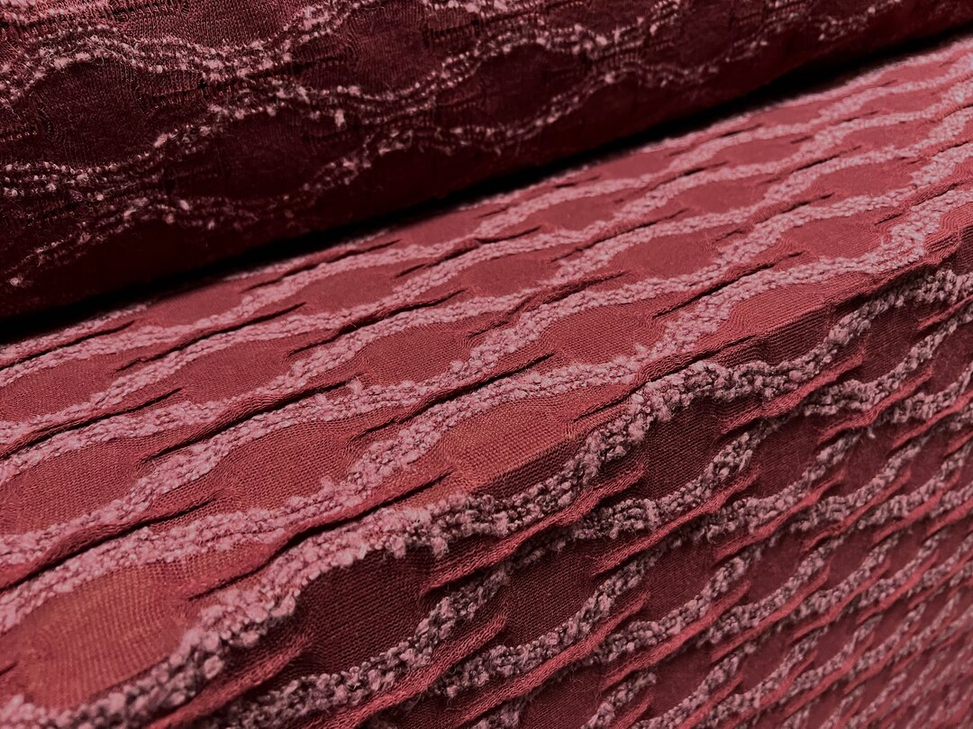 Bouclé Jacquard Jersey Knit Fabric, per Metre Wave Design Wine & Pink