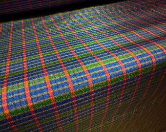 Metallic taffeta faux silk woven dress fabric, per metre - tartan check - blue green & orange