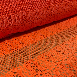 Fishnet stretch mesh floral spandex jersey fabric, per metre - Orange