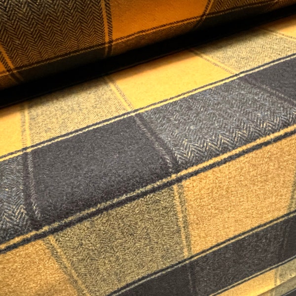 Wool mouflon flannel brushed woven fabric, per metre - herringbone check - mustard & charcoal
