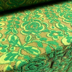 Stretch lace dress fabric, per metre - rose flower design - bicolour - emerald & lime green