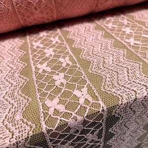 Crochet lace knit dress fabric, per metre - floral zigzag stripe - pink