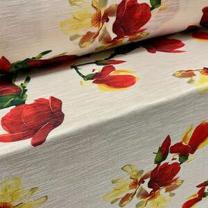 Slub single jersey printed fabric, per metre - blossom flower bud  print - white & Red