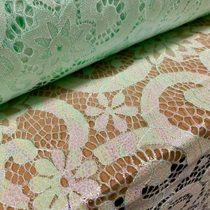 Pearlescent shimmer 2 tone lace dress fabric, per metre - floral swirl design - mint