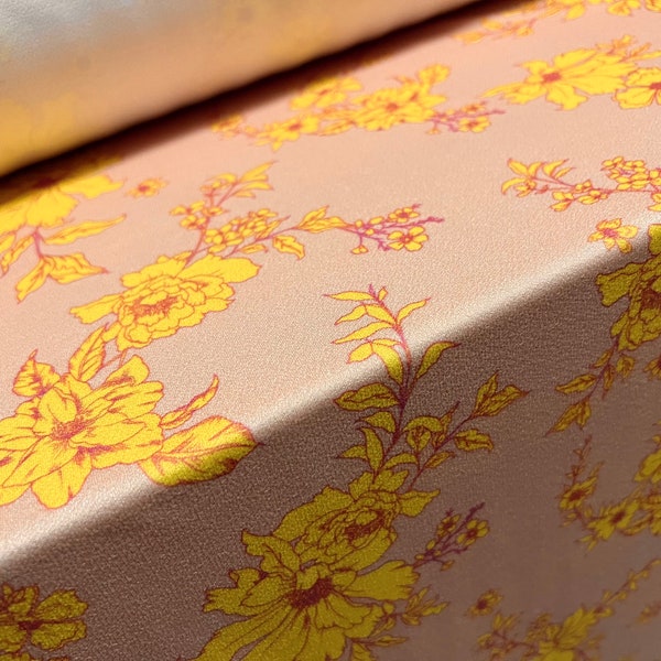 Valentino crepe spandex jersey fabric - similar to scuba - per metre, Peach with yellow flowers floral print