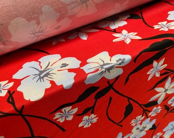 Viscose spandex stretch jersey fabric, per metre - Flower floral print - red & white