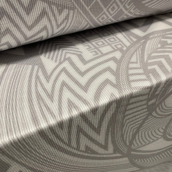 Spandex rib jersey fabric, per metre - tribal tattoo geometric print - white & light grey