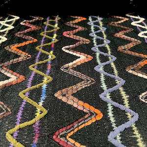 Wool blend embroidered bouclé fabric, per metre - zig zag design - black