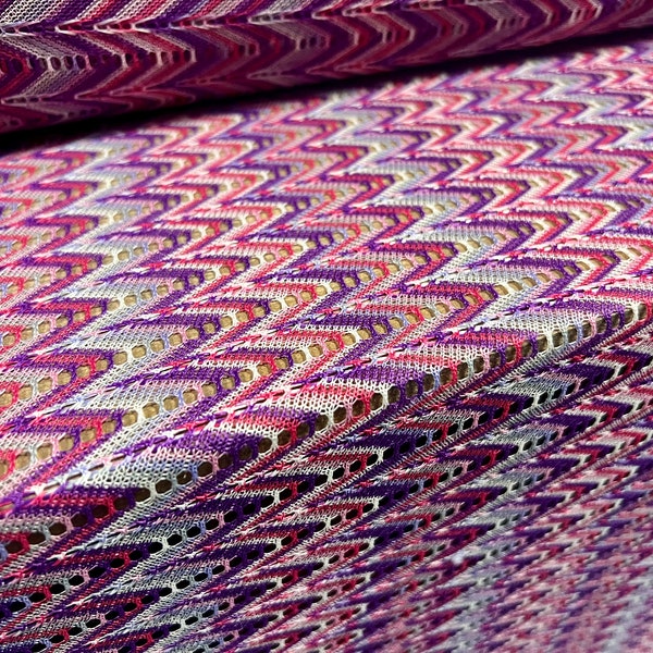 Crochet knit lace dress fabric, per metre - zigzag design - purple & pink