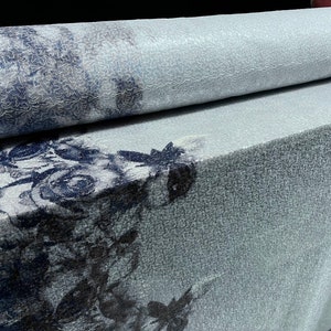 Couture designer fabric, per metre - rose flower double border design - blue & navy