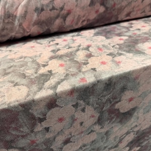 Stretch helenca mesh fabric, sheer, per metre - flower print - grey & pink