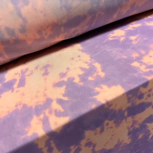 Power Mesh Netz Stretch Stretch Stoff, Meterware - Tie Dye Panel Print - Lavendel & Pfirsich