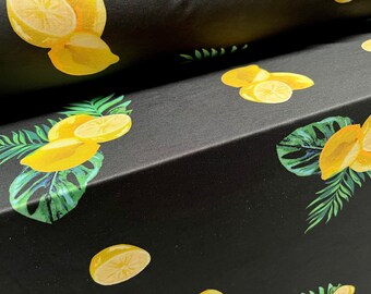 Stretch spandex single jersey fabric, per metre - lemon fruit print - black & yellow