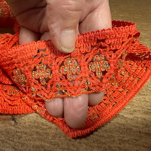Metallic crochet lace edging trim fabric with scallop, per metre - coral with gold lurex