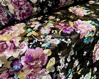 Tissu de robe en dentelle extensible imprimé, par mètre - imprimé floral multicolore à double bordure