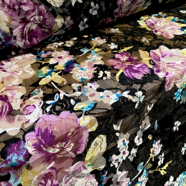 Tissu de robe en dentelle extensible imprimé, par mètre - imprimé floral multicolore à double bordure