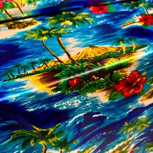 May include: Vibrant tropical print featuring a beach scene with palm trees, red hibiscus flowers, and ocean waves. The design has a bright color palette of blue, yellow, green, and red, creating a summery feel. This pattern is suitable for apparel or home decor.