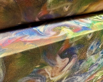 Metallic slinky stretch spandex jersey fabric with gold lurex, per metre - abstract swirl print - multicolour