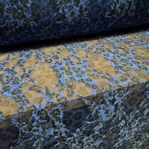 Stretch spandex mesh lace fabric, per metre - leopard animal print - blue
