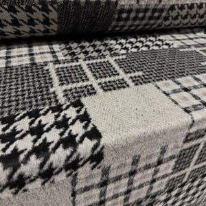 Schwerer Wollflanell Mantel Stoff, Meterware - Patchwork Jacquard - Grau & Schwarz