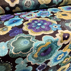 Taffeta faux silk woven dress fabric, per metre - retro flower print - turquoise purple & black