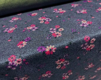 Double jersey knitwear fashion fabric, per metre - floral print - denim blue & pink