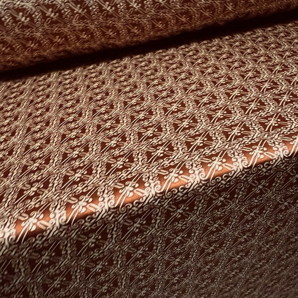 Dulled Satin woven dress fabric, per metre - fleur de lys print - chestnut brown