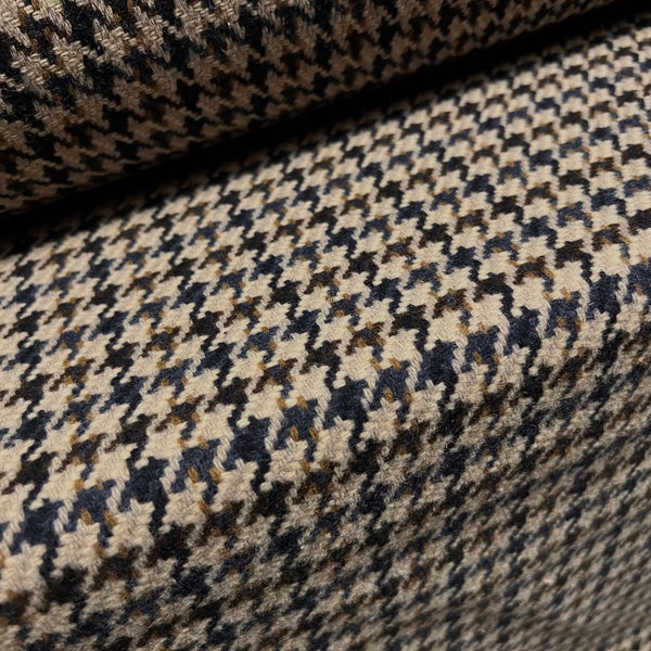 Tissu pour veste de manteau tissé en laine mélangée, au mètre - jacquard pied-de-poule - marron pierre et bleu
