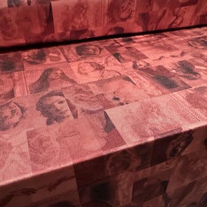 Stretch spandex single jersey fashion fabric, per metre - classical portraits print - dark pink