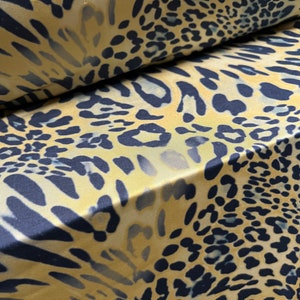 Swimwear stretch spandex jersey fabric, per metre - stylised leopard print - mustard & indigo