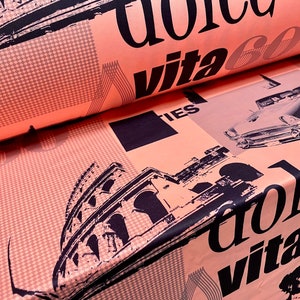 Double jersey stretch spandex fabric, per metre - Dolce Vita 60s print - bright coral