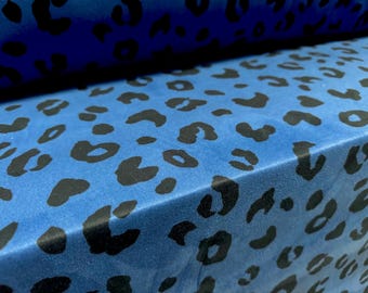 Scuba suede stretch spandex double jersey fashion fabric, per metre - cheetah animal print - cobalt blue