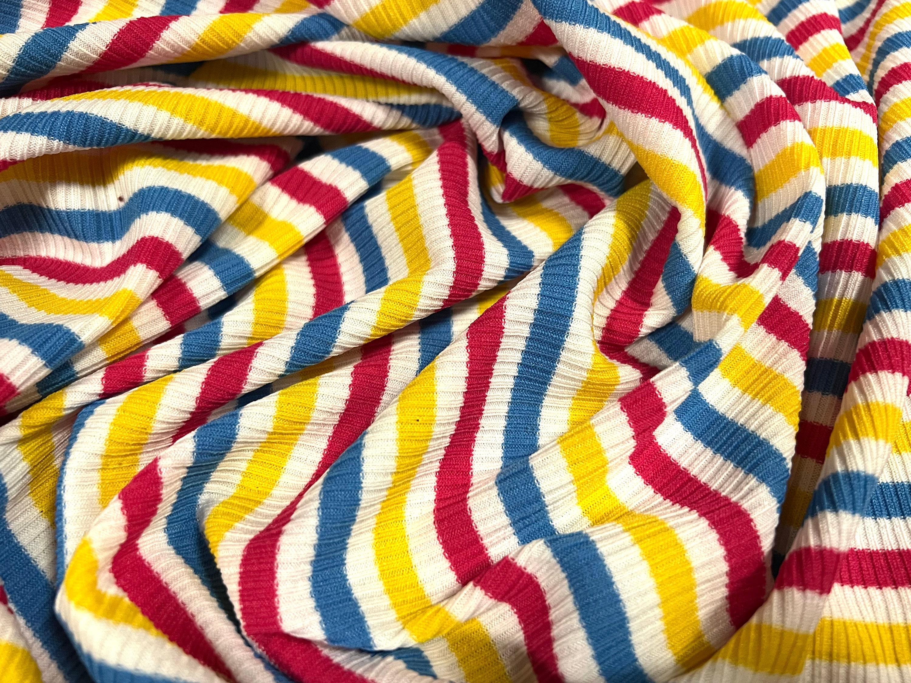 Stretch Spandex rib jersey fabric, per metre - stripe - white yellow fuchsia & blue