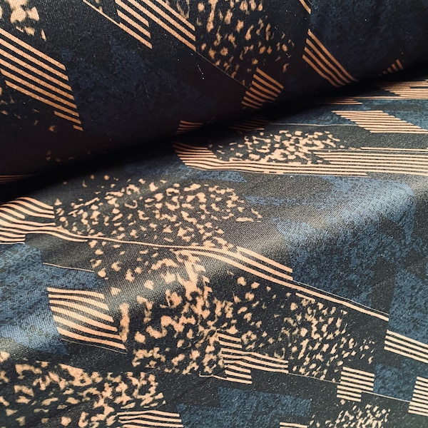 Sweatshirt fleece soft jersey fabric, per metre - Siena brown with blue black 80s retro print