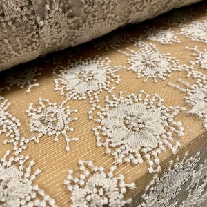 Couture fabric - sheer dress fabric with beaded flowers and sequins, per metre - grey, scalloped woven selvedge