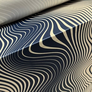 Soft touch stretch spandex single jersey fabric, per metre - psychedelic wave print - blue & cream