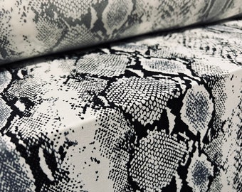 Soft touch spandex stretch single jersey fabric, per metre - snakeskin print - white grey & black