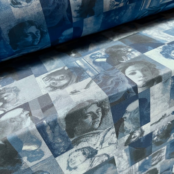 Power mesh net stretch spandex fabric, per metre - artists’ portraits of faces print - blue
