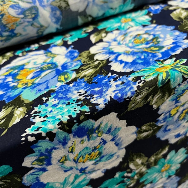 Viskose Challis fein gewebter Kleid Stoff, pro Meter - Blumenprint - marineblau & türkis