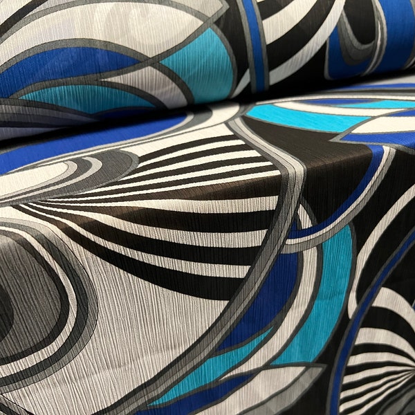 Printed chiffon yoryu dress blouse fabric, per metre - retro swirl print - turquoise blue & black