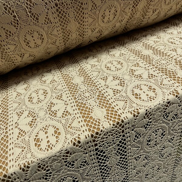 Soft handle crochet lace knit fabric, per metre - stone